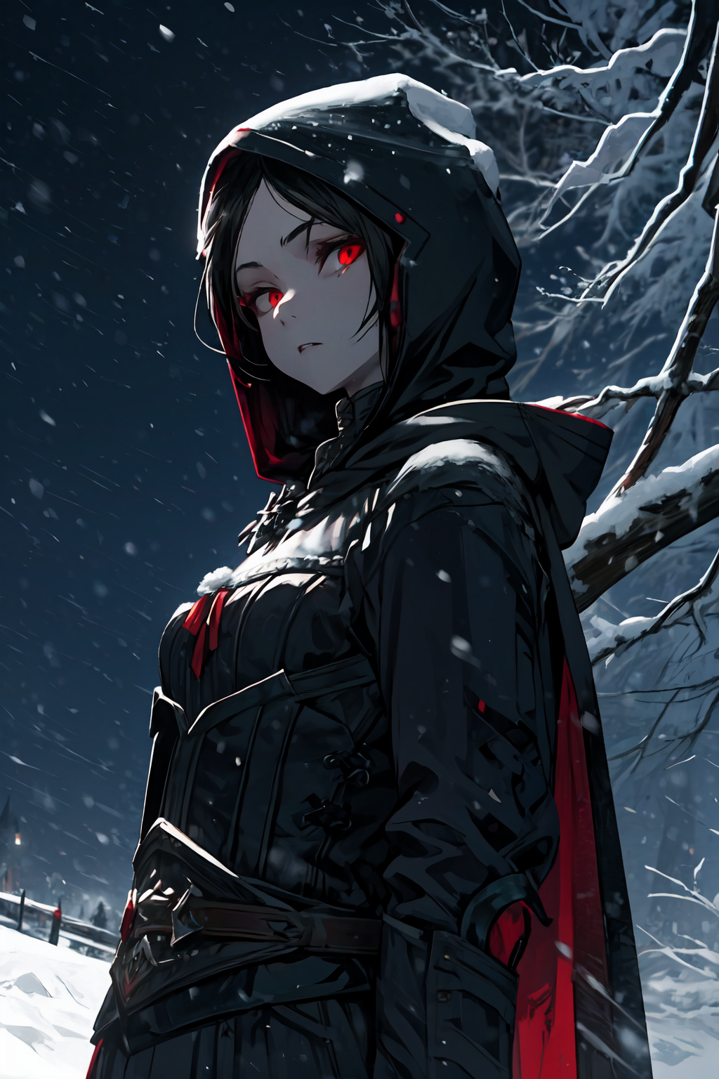 00844-1402890846-masterpiece,best quality,1girl,serana,red eyes,black hair,cape,corset,long sleeves,hood,hood up,vampire,pale skin,expressionless.png